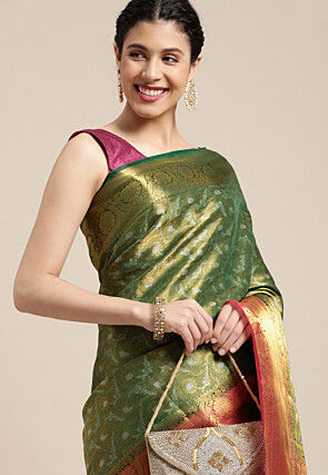Woven Bangalore Silk Saree in Golden and Green