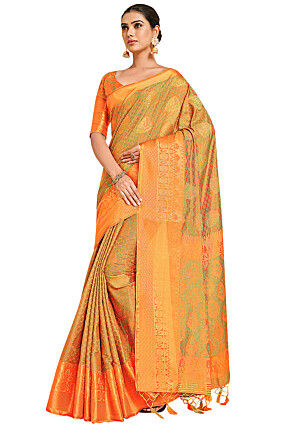 Woven Bangalore Silk Saree in Golden and Orange