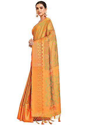 Woven Bangalore Silk Saree in Golden and Orange