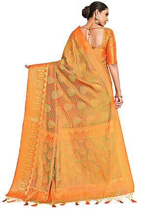 Woven Bangalore Silk Saree in Golden and Orange