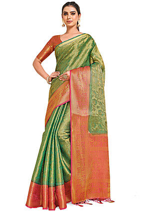 Woven Bangalore Silk Saree in Golden and Teal Green