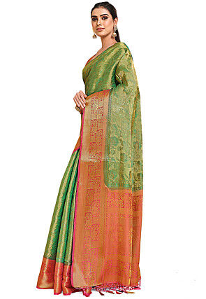 Woven Bangalore Silk Saree in Golden and Teal Green