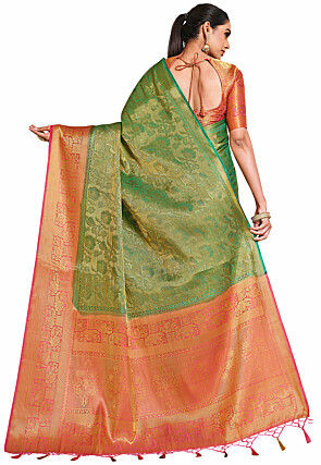 Woven Bangalore Silk Saree in Golden and Teal Green