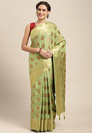 Woven Bangalore Silk Saree in Light Moss Green