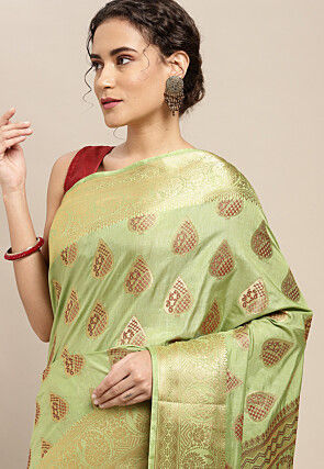 Woven Bangalore Silk Saree in Light Moss Green