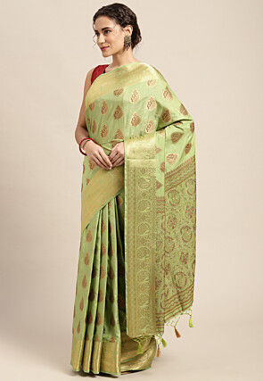 Woven Bangalore Silk Saree in Light Moss Green