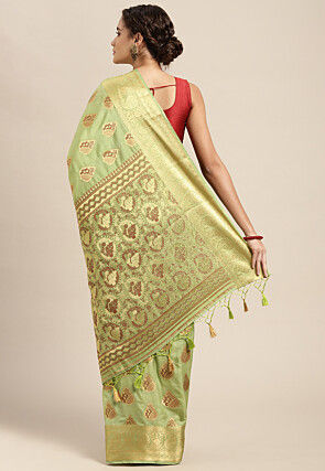 Woven Bangalore Silk Saree in Light Moss Green