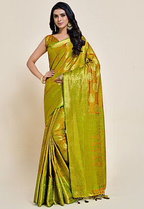 Woven Bangalore Silk Saree in Light Olive Green