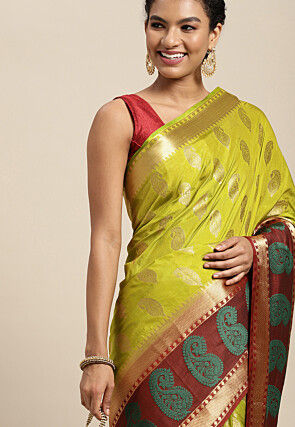 Woven Bangalore Silk Saree in Light Olive Green