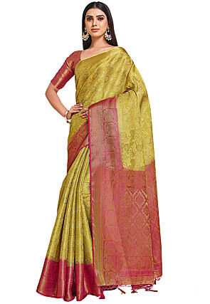 Woven Bangalore Silk Saree in Light Olive Green