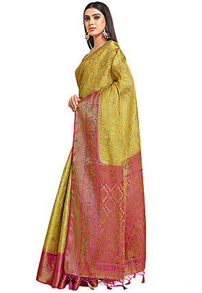 Woven Bangalore Silk Saree in Light Olive Green