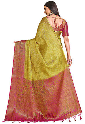 Woven Bangalore Silk Saree in Light Olive Green