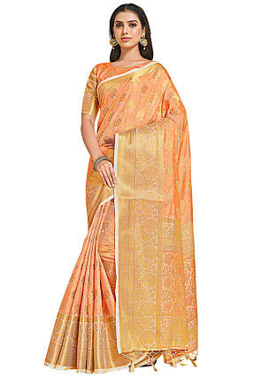 woven bangalore silk saree in light orange v1 snga4702