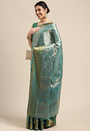Woven Bangalore Silk Saree in Light Teal Blue