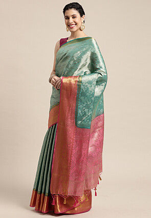 Woven Bangalore Silk Saree in Light Teal Blue