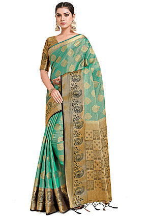 Woven Bangalore Silk Saree in Light Teal Green