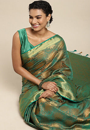 Woven Bangalore Silk Saree in Light Teal Green