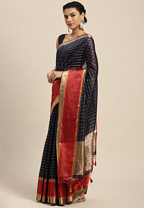 Woven Bangalore Silk Saree in Navy Blue
