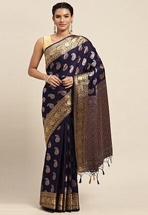 Woven Bangalore Silk Saree in Navy Blue