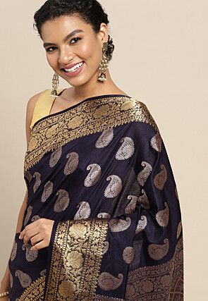 Woven Bangalore Silk Saree in Navy Blue