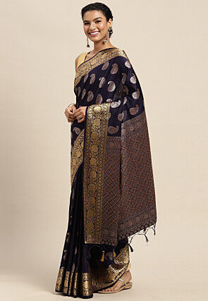 Woven Bangalore Silk Saree in Navy Blue