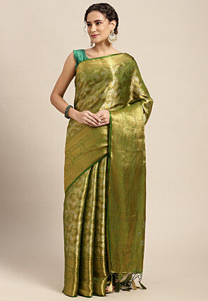 Woven Bangalore Silk Saree in Olive Green