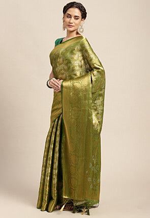Woven Bangalore Silk Saree in Olive Green