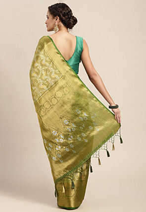 Woven Bangalore Silk Saree in Olive Green