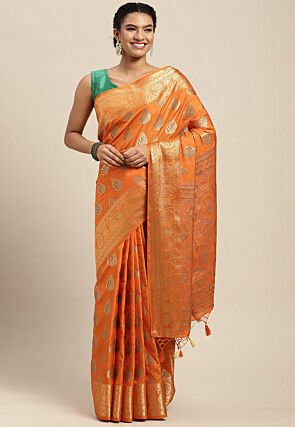 Woven Bangalore Silk Saree in Orange