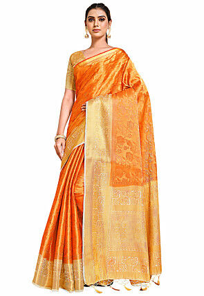 Woven Bangalore Silk Saree in Orange