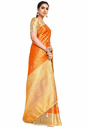 Woven Bangalore Silk Saree in Orange