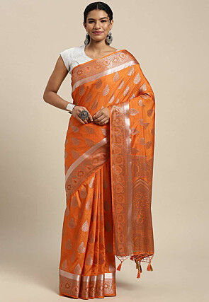 Woven Bangalore Silk Saree in Orange