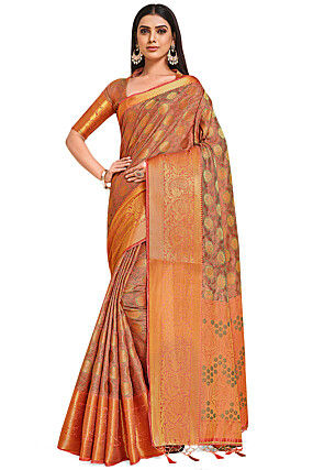 Woven Bangalore Silk Saree in Peach Orange