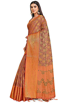 Woven Bangalore Silk Saree in Peach Orange