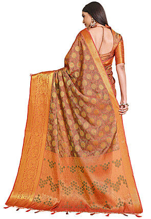 Woven Bangalore Silk Saree in Peach Orange