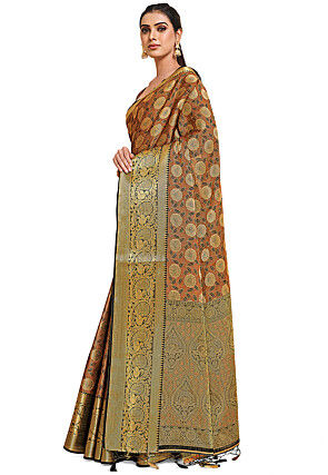 Woven Bangalore Silk Saree in Rust