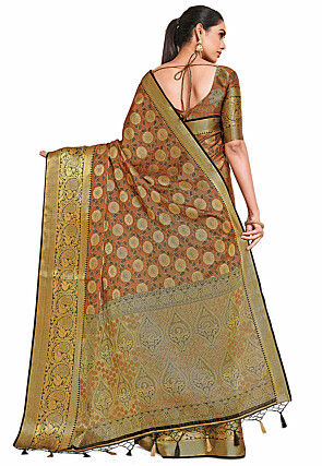 Woven Bangalore Silk Saree in Rust