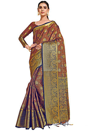 Woven Bangalore Silk Saree in Rust