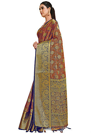 Woven Bangalore Silk Saree in Rust