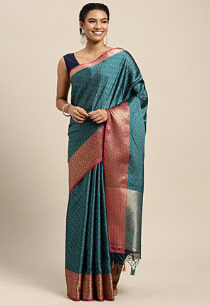 Woven Bangalore Silk Saree in Teal Blue