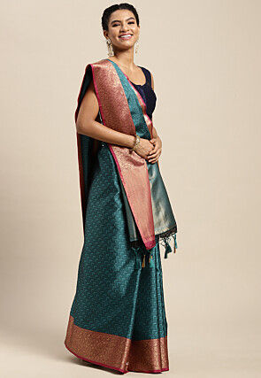 Woven Bangalore Silk Saree in Teal Blue