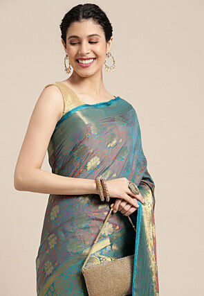 Woven Bangalore Silk Saree in Turquoise