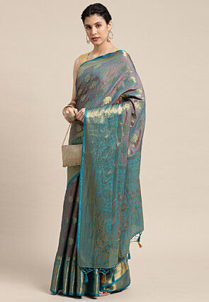 Woven Bangalore Silk Saree in Turquoise