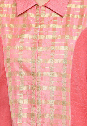 Woven Bhagalpuri Silk A Line Front Slit Kurta in Baby Pink