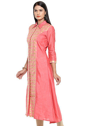 Woven Bhagalpuri Silk A Line Front Slit Kurta in Baby Pink