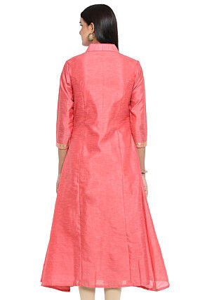 Woven Bhagalpuri Silk A Line Front Slit Kurta in Baby Pink