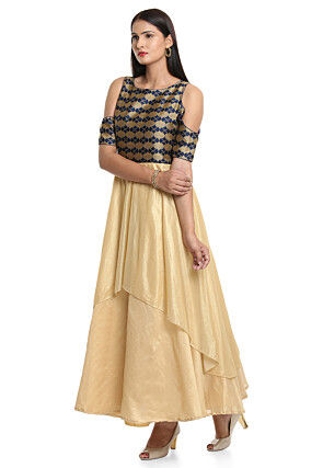 Woven Bhagalpuri Silk Layered Kurta in Golden and Blue