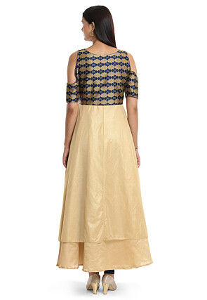 Woven Bhagalpuri Silk Layered Kurta in Golden and Blue