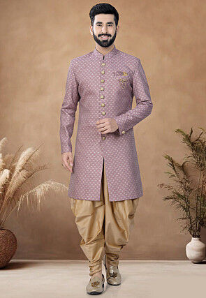 Woven Border Art Silk Jacquard Sherwani in Purple