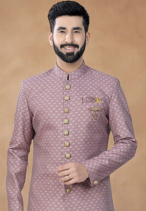 Woven Border Art Silk Jacquard Sherwani in Purple